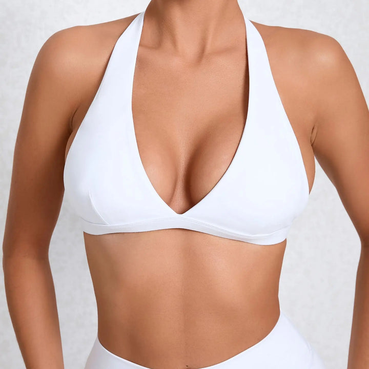 Sexy V-neck Sport Bra Women Underwear Sportswear Halter Backless Top for Fitness Yoga Wear Female Gym Active Bra with Cups White