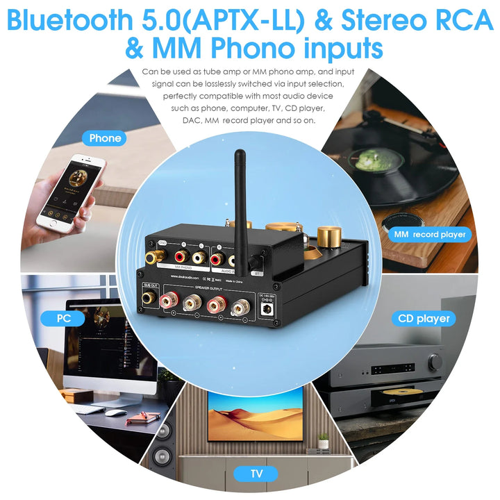 Douk Audio HiFi GE5654 Vacuum Tube Amplifier Stereo Bluetooth 5.0 Receiver Amp MM Phono Power Amp for Turntables APTX-HD 160W*2