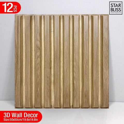 12pcs 50cm 3D wall decor Wood grain slatted wall panel 3D groove texture panel tile living room wall sticker waterproof bathroom