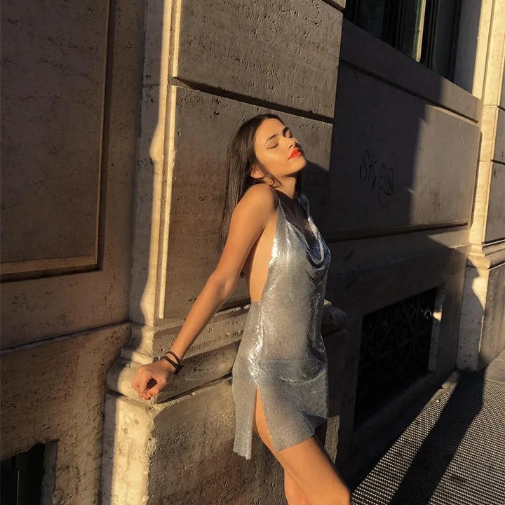 Glitter Metal Sequins Mini Dress Women Sexy Deep V Neck Backless Side Split Dress Rave Festival Nightclub Party Evening Dresses