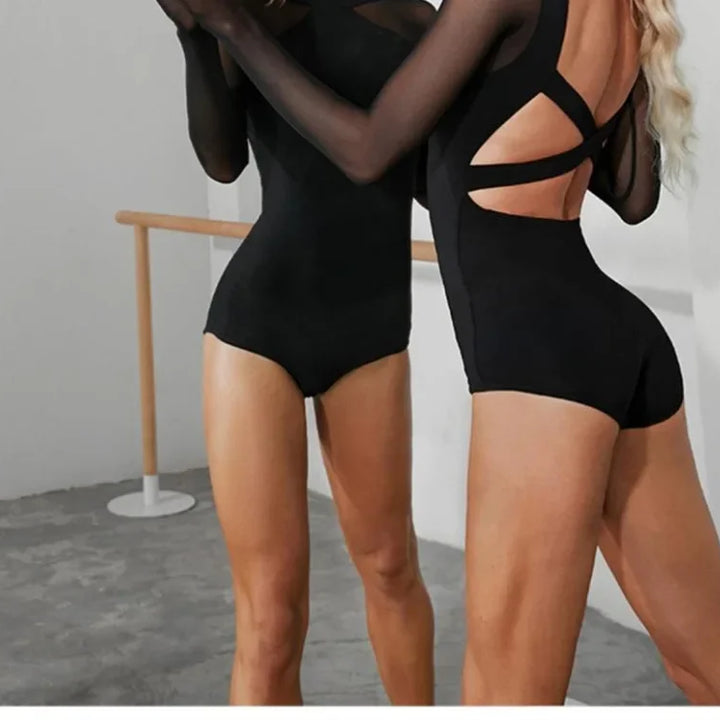 Women Latin Dance Body Top Black Mesh Conjoined Backless Cross Belt Pair It with Dance Dress Lingerie Training Performance