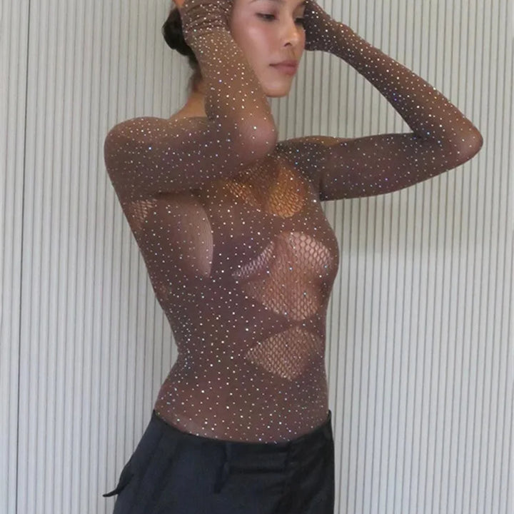 Fantoye Sexy Mesh Transparent Long Sleeve Skinny High Stretch Hollow Out Solid Thin Female Bodysuit Club Wear New Hot