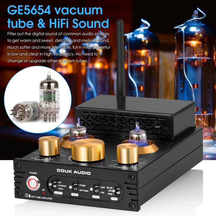 Douk Audio HiFi GE5654 Vacuum Tube Amplifier Stereo Bluetooth 5.0 Receiver Amp MM Phono Power Amp for Turntables APTX-HD 160W*2