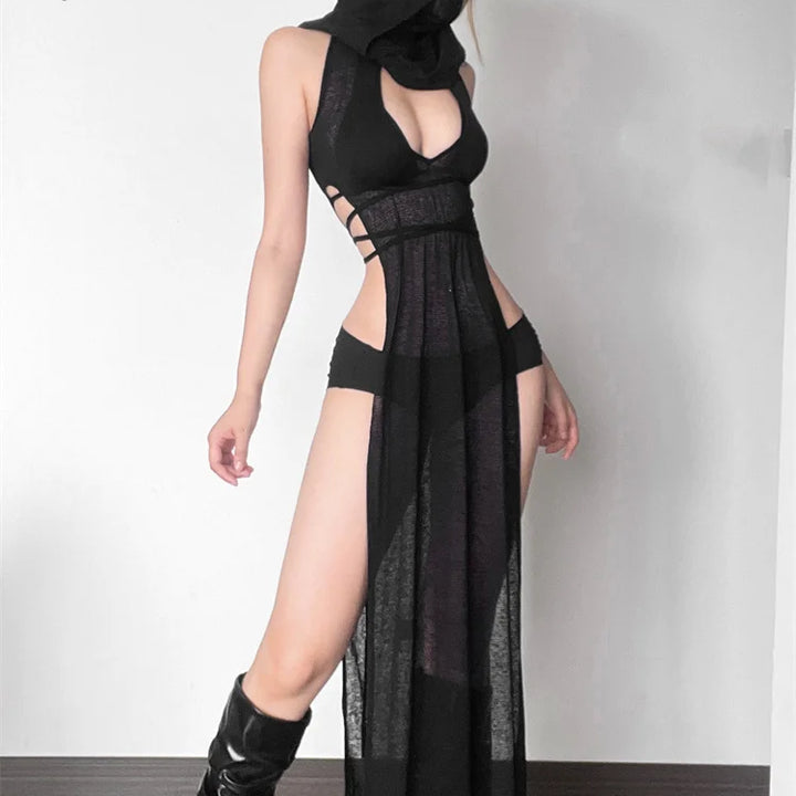 nibber 2024 Summer High Street Travel Cool Confident Black Mysterious Sexy Open Avant-garde Sexy Hot Cool Women's Hooded Dress