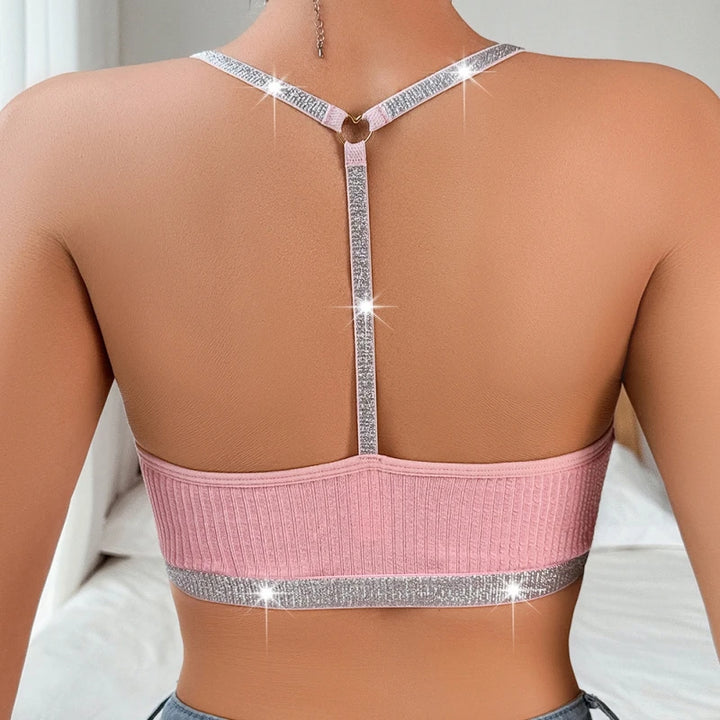 Lace Stitching Halter Neck Vest For Women Silver Ribbon Backless Underwear Outer Wear Slim Sexy Versatile Comfortable