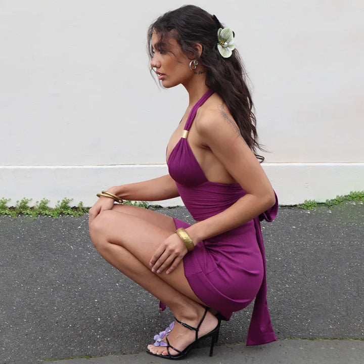 Purple Skirts Two Piece Sets Summer Holidays Party Outfits 2025 New Sexy Halter V-neck Tops and Irregular Mini Skirts Suits
