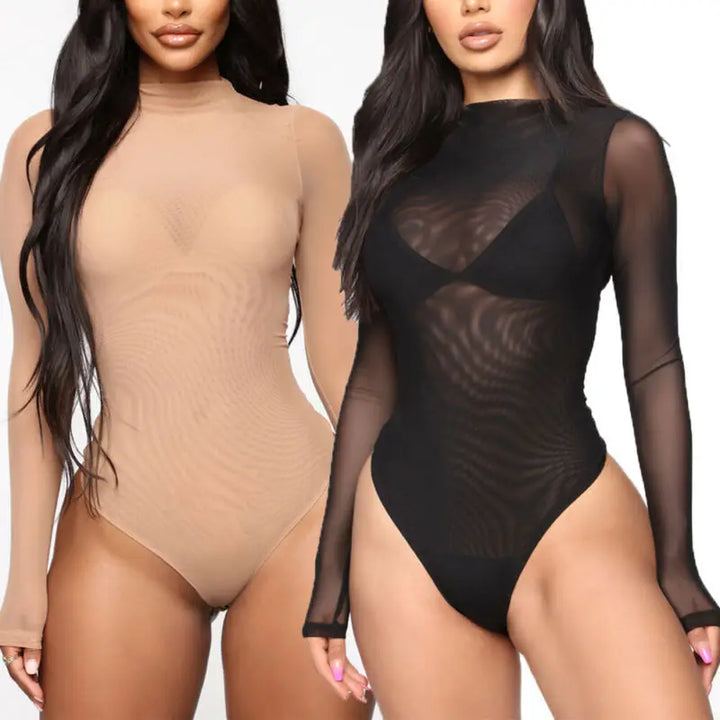 Bodysuits High Neck Bodycon Jumpsuit See Through Romper Black Beige NEW Sexy Mesh See Through Bodysuit Women Long Sleeve Sheer