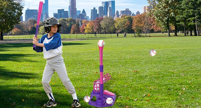 VATOS 3-in-1 T Ball Sets Kids Toy with 6pcs Baseballs Stand Hanging Tee Auto Ball Launcher Retractable Bat Sports for Boys Girls