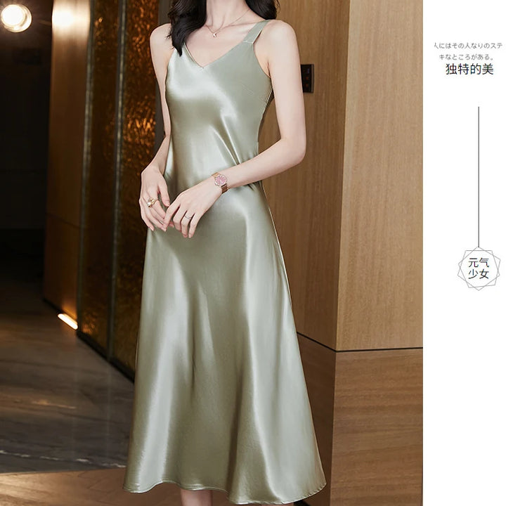 #4938 Sleeveless Spaghetti Straps Midi Satin Dress Women Solid Color V-neck Sexy A-line Party Dresses Women Evening Summer 2024