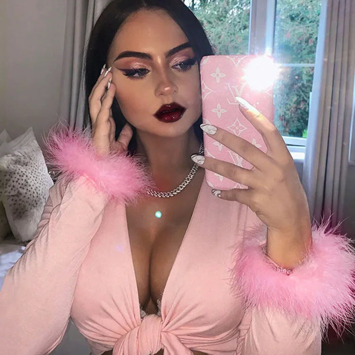long sleeve fur V-neck wrapped bandage sexy crop tops autumn winter women streetwear club party outfits T-shirts