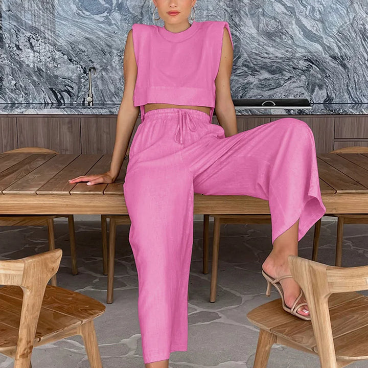 Spring Summer 2025 Women Holiday Linen Pant Set Crop Tops Solid Outfits 2 Two Piece Matching Set For Women