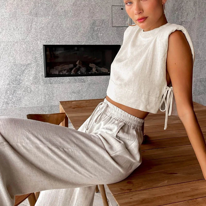 Spring Summer 2025 Women Holiday Linen Pant Set Crop Tops Solid Outfits 2 Two Piece Matching Set For Women