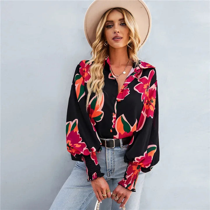 Fashionable Long Sleeve Printed Versatile Shirt For Women Autumn European And American Style Commuting Top With Button