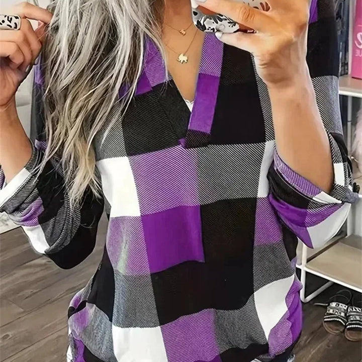 Women Spring Autumn Style Blouses Shirts Lady Casual Long Sleeve V-Neck Plaid Printed Blusas Tops