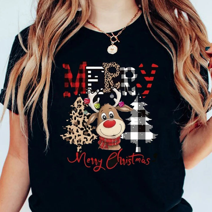 Cute Reindeer Leopard Print Women Christmas T Shirt Casual Cartoon Christmas Tree Graphic Short Sleeve Female T-Shirt