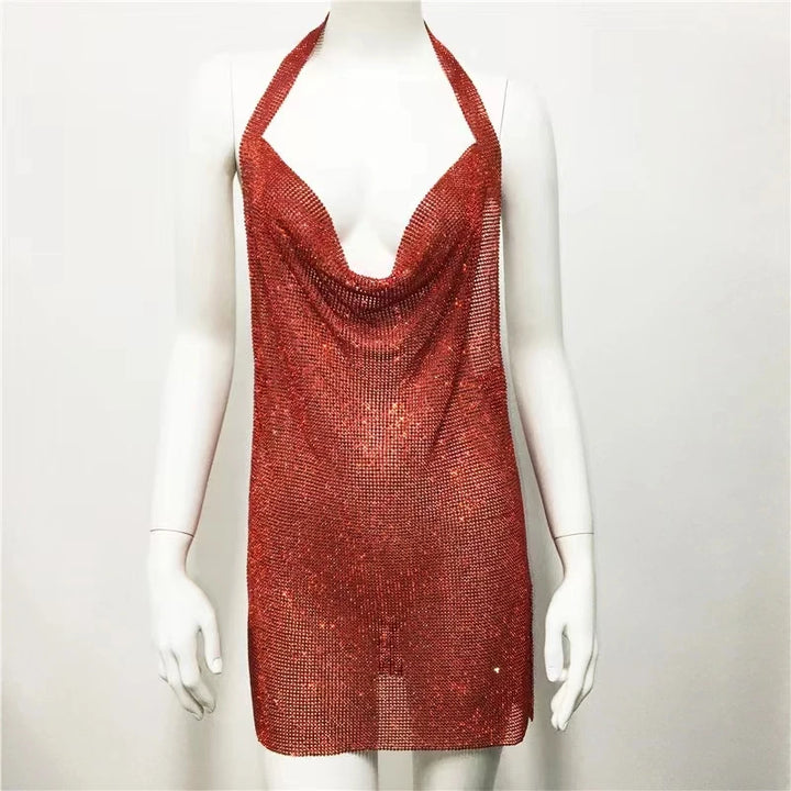New European and American women's clothing, metal sequins, rhinestone suspender, sexy party, sweet and spicy style dress