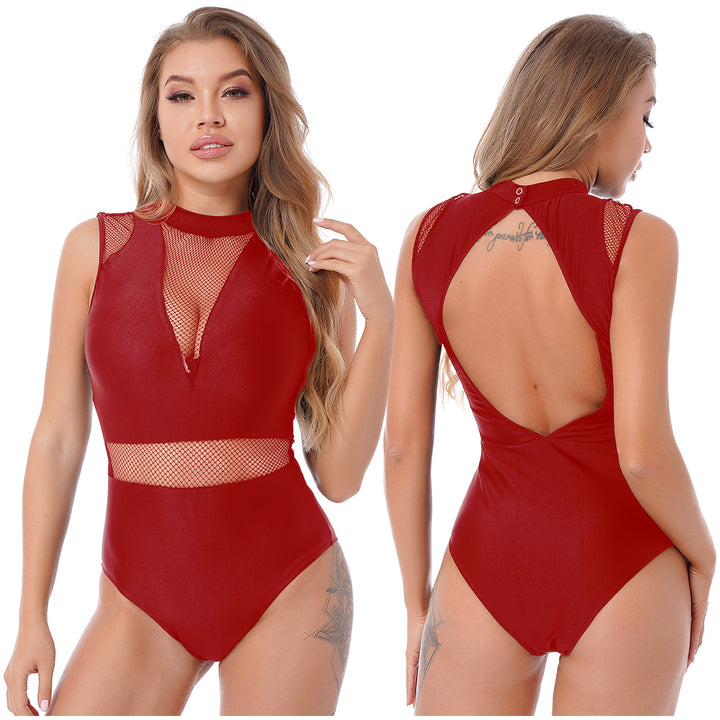 Ballet Dance Leotard Womens Adult Mesh Splice Gymnastics Bodysuit Dancewear One-Piece Backless Training Costume