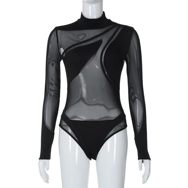 Women Sexy Sheer Mesh Bodysuit Street Clubwear Long Sleeve Turtleneck Patchwork Slim Fit Leotard Tops Fashion Bodysuits