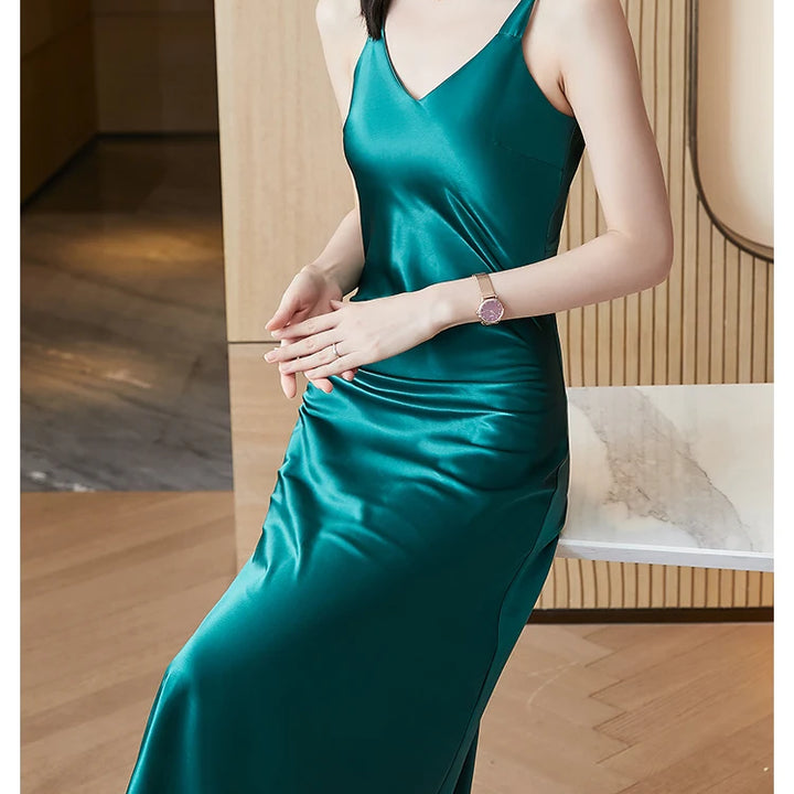 #4938 Sleeveless Spaghetti Straps Midi Satin Dress Women Solid Color V-neck Sexy A-line Party Dresses Women Evening Summer 2024