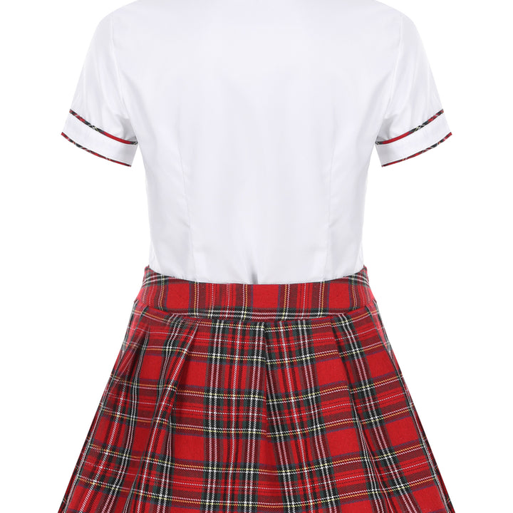 Women School Girls Uniform Set Cosplay Costume Tie Top Shirt with Plaid Skirt Cheerleader Uniform Cheerleading Costume