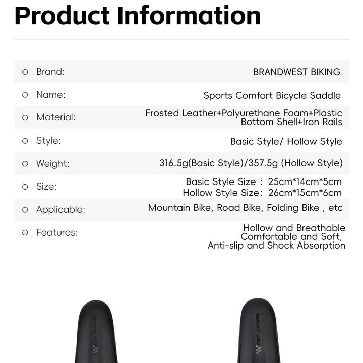 WEST BIKING Bicycle Saddle Comfortable Bike Seat Wear-resistant PU Leather Hollow Road Bicycle Parts Cycling Saddle Bike Cushion
