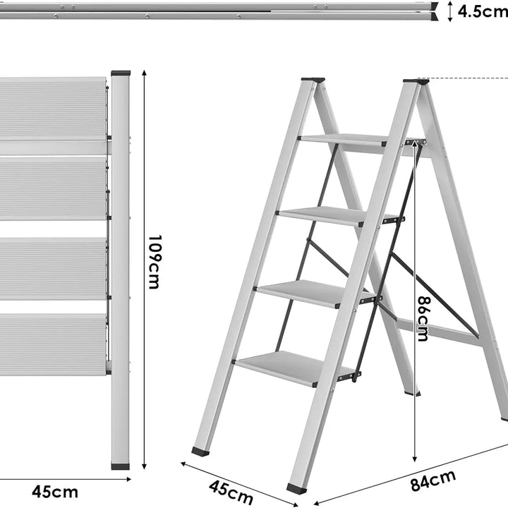 Aluminium 3-4 Step Ladder with Wide Steps Lightweight Folding Ladder Portable Slim Step Stool Safety Household Ladder Stepladder