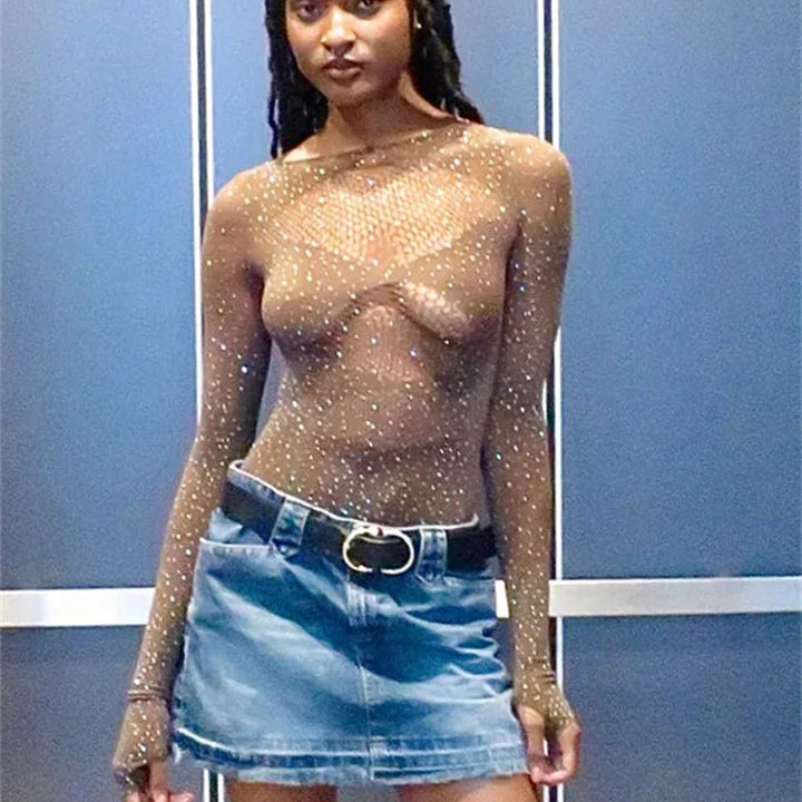 Fantoye Sexy Mesh Transparent Long Sleeve Skinny High Stretch Hollow Out Solid Thin Female Bodysuit Club Wear New Hot