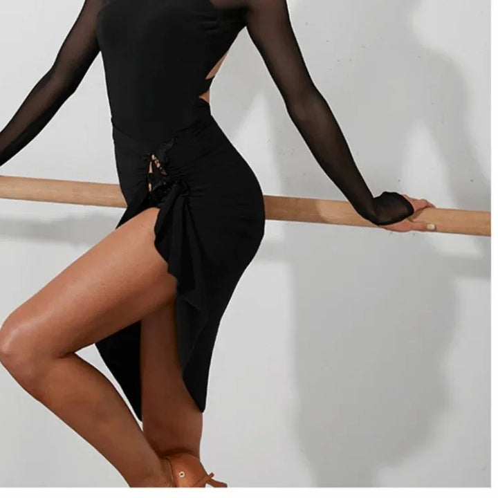 Women Latin Dance Body Top Black Mesh Conjoined Backless Cross Belt Pair It with Dance Dress Lingerie Training Performance