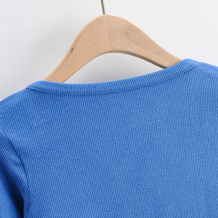 Slim V-neck Long Sleeve Bottomed Womens Tops And Blouses High Street Solid Color Open Navel Cardigan