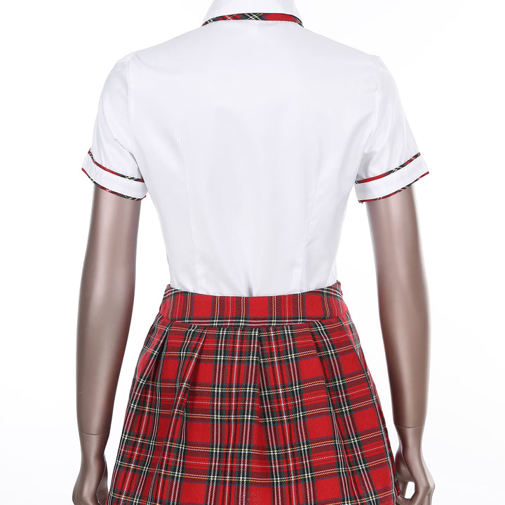 Women School Girls Uniform Set Cosplay Costume Tie Top Shirt with Plaid Skirt Cheerleader Uniform Cheerleading Costume