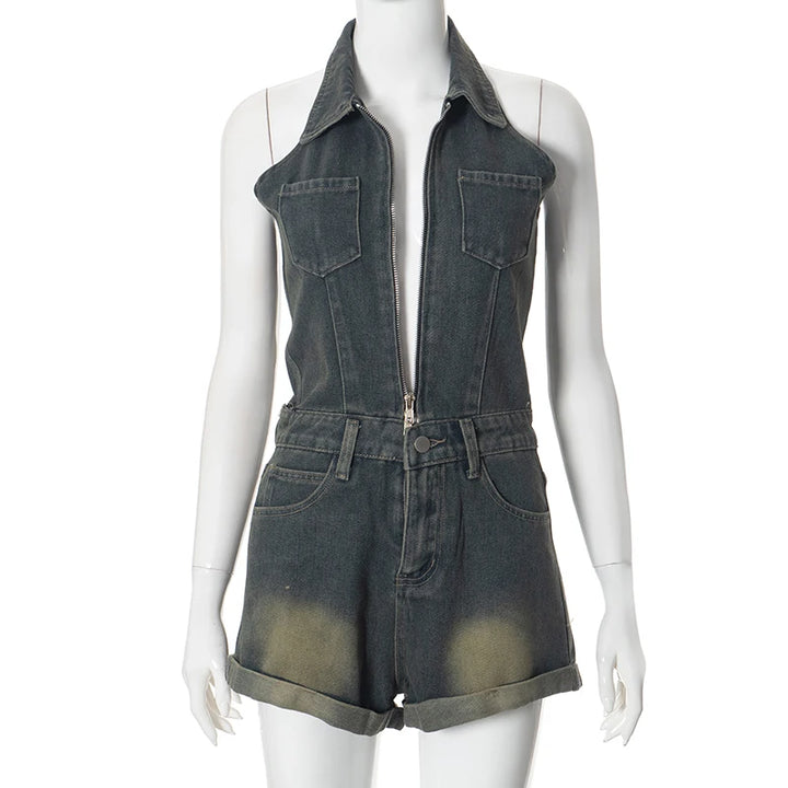 Sexy Blue Lapel Deep V Zipper Jumpsuit For Women Sleeveless Backless High Waist Hemmed Shorts Leisure Party Club Denim Jumpsuit
