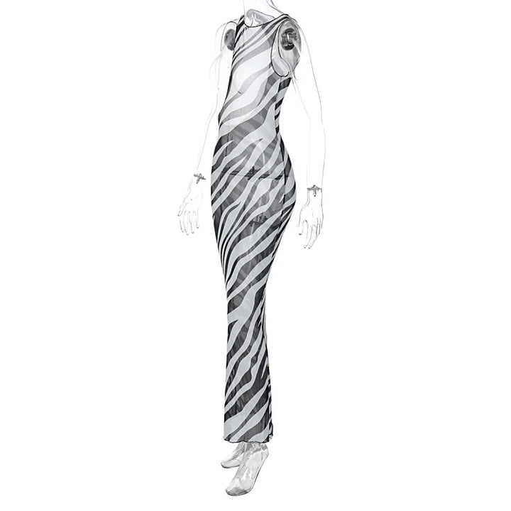 DGLUKE Zebra Long Beach Dress Cover-Up Sexy Transparent Mesh Maxi Dress Cut Out Bodycon Summer Holiday Vacation Dress Women 2024