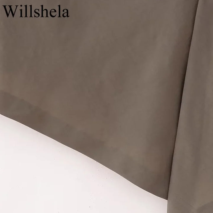 Willshela Women Fashion Two Piece Set Brown Pleated Halter Neck Tops & Straight Pants Vintage Female Chic Lady Pants Suit