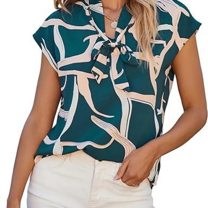 Women Summer Style Blouses Shirts Lady Casual Short Sleeve Bow Tie Collar Printed Blouse Tops