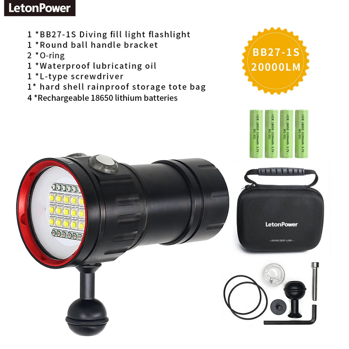 Professional Underwater 27 LED Photography Light Highlight Lamp 20000Lumens Diving Flashlight 100M Waterproof Video Camera torch