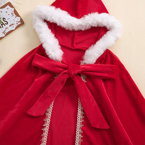 Girls Christmas Red Velvet Cloak with Faux Fur Trim Hooded Cape for Cosplay Costume Party Dress-up