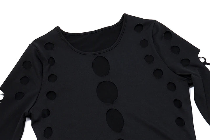 Candyhot Sexy Dot Hollow Out Bodysuit Y2K Gothic Punk Long Sleeves Bodycon T-shirt Women Autumn Streetwear Slim Bodice Bodysuits