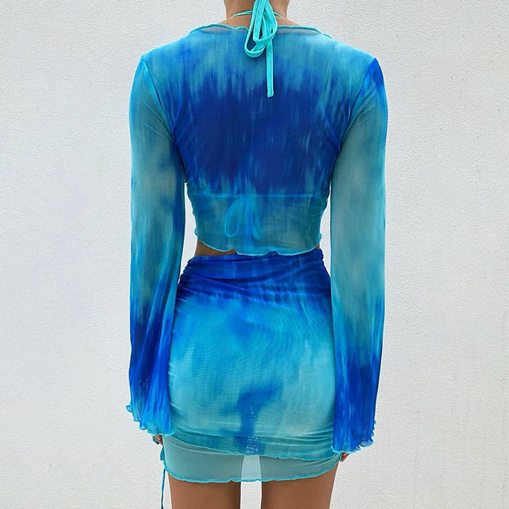 Fashion V-Neck Flare Sleeve Tie Dye Tops Mini Skirt Suit Women Mesh Tees Lace Up Skirts New Summer Female 2 Piece Set Outfits