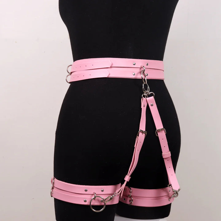Pink Gothic Handmade PU Leather Harness Belts Fashion Faux Leather Cage Leg Waist Belt Body Strap Waist Belt Cincher Harajuku