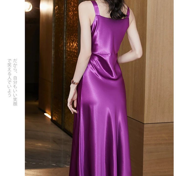 #4938 Sleeveless Spaghetti Straps Midi Satin Dress Women Solid Color V-neck Sexy A-line Party Dresses Women Evening Summer 2024