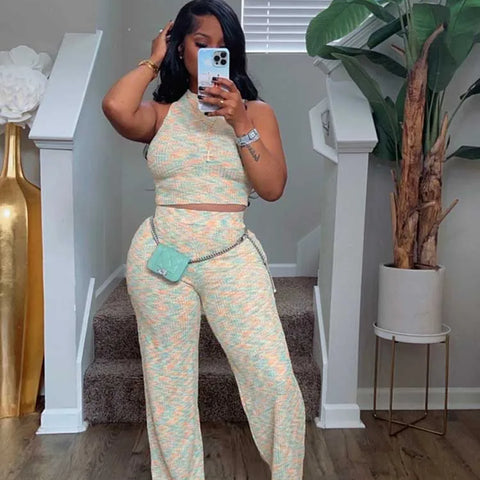 2 Piece Sets Womens Outfits Elegant Stretchy Knitted Summer Suit Sexy Sleeveless Top and Pant Suit Wholesale Dropshipping