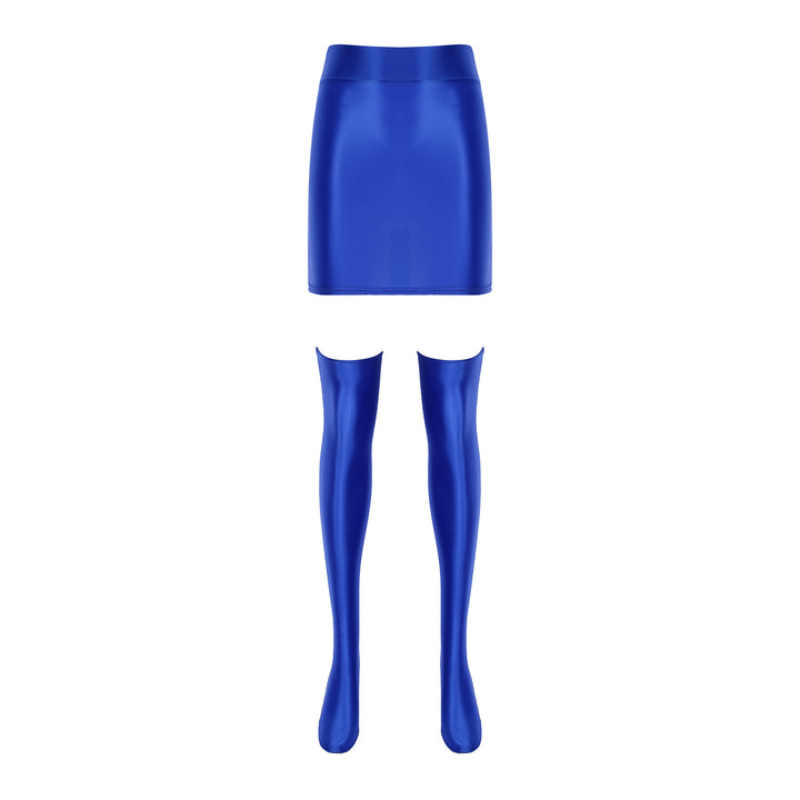 Womens Glossy Nightclub Outfit Shiny High Waist Mini Skirt with Stockings Set Rave Party Cheer Booty Workout Pole Dance Clubwear