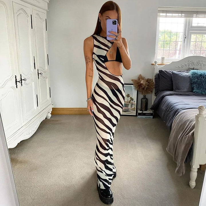 DGLUKE Zebra Long Beach Dress Cover-Up Sexy Transparent Mesh Maxi Dress Cut Out Bodycon Summer Holiday Vacation Dress Women 2024