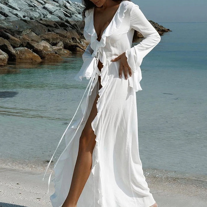 OIINAA Ruffle Bikini Cover-Ups Women Beach Cover Up Elegant Long Sleeve Lace Up Summer Solid Fashion Female Holiday Beachwear