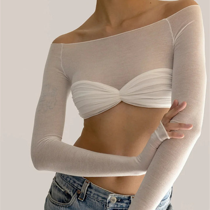 Mozision See Through Mesh Crop Top Women Pullovers Strapless Short Knit Cropped Tops Ladies Tee Shirt Sexy Off-shoulder T-shirt