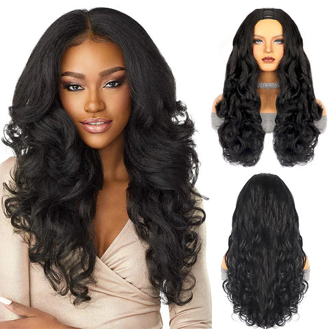 Fashion  Women's Black Fluffy U-shaped Wig Extension Long Curly Hair Half Head Cover U Part Yaki Wig