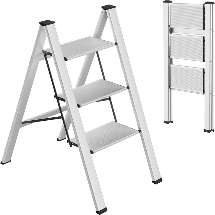Aluminium 3-4 Step Ladder with Wide Steps Lightweight Folding Ladder Portable Slim Step Stool Safety Household Ladder Stepladder
