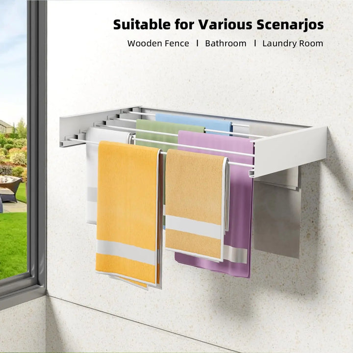 Collapsible Laundry Drying Rack Wall Mounted Clothes Drying Rack 5 Aluminum Rods Space Saving Laundry Racks for Drying Clothes