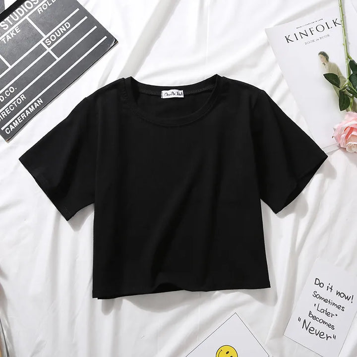 2024 Summer Short Sleeve T Shirts Women Cotton Solid T-shirt O Neck High Waist Crop Top Tee Female Casual Loose T Shirt