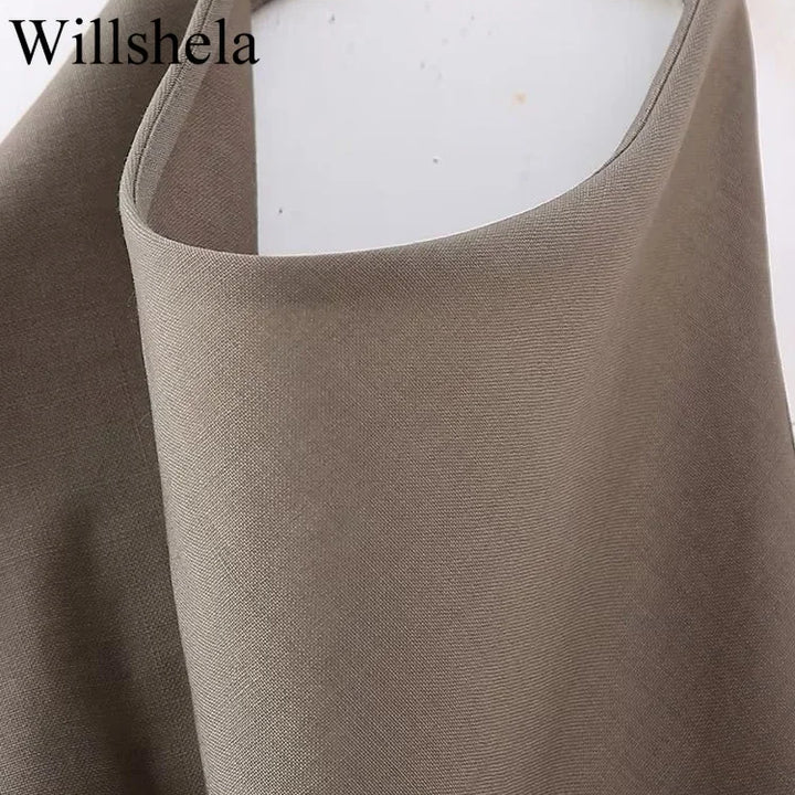 Willshela Women Fashion Two Piece Set Brown Pleated Halter Neck Tops & Straight Pants Vintage Female Chic Lady Pants Suit